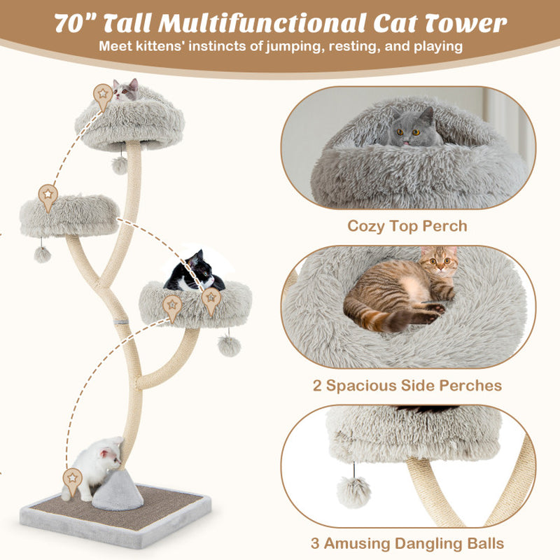 70 Inch Tall Cat Tree 4-Layer Cat Tower with 3 Perches and Dangling Balls